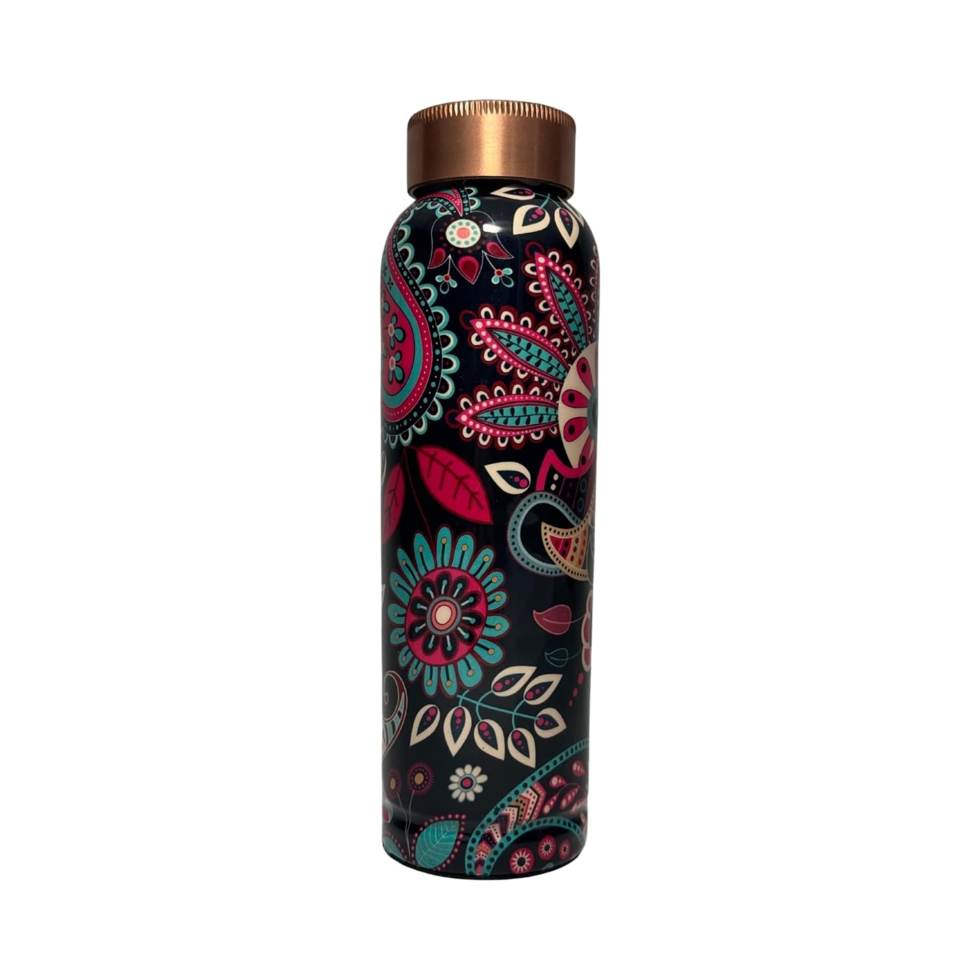 Printed Pure Copper Water Bottle 34 Oz – Leak-Proof 100% Ayurvedic Copper Vessel with Lid for Gym, Yoga, and Daily Hydration
