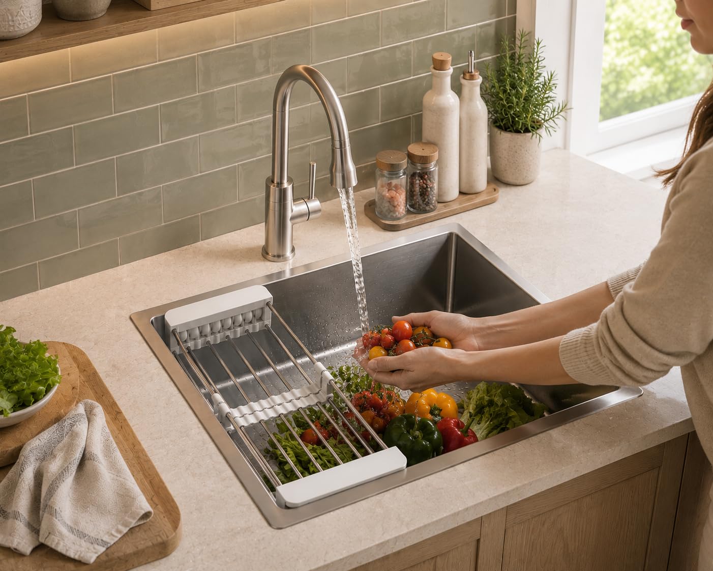 Handmade Stainless Steel Workstation Kitchen Sink, 24 x 18 Inch Deep Bowl Design with Multi-Function Drying Rack