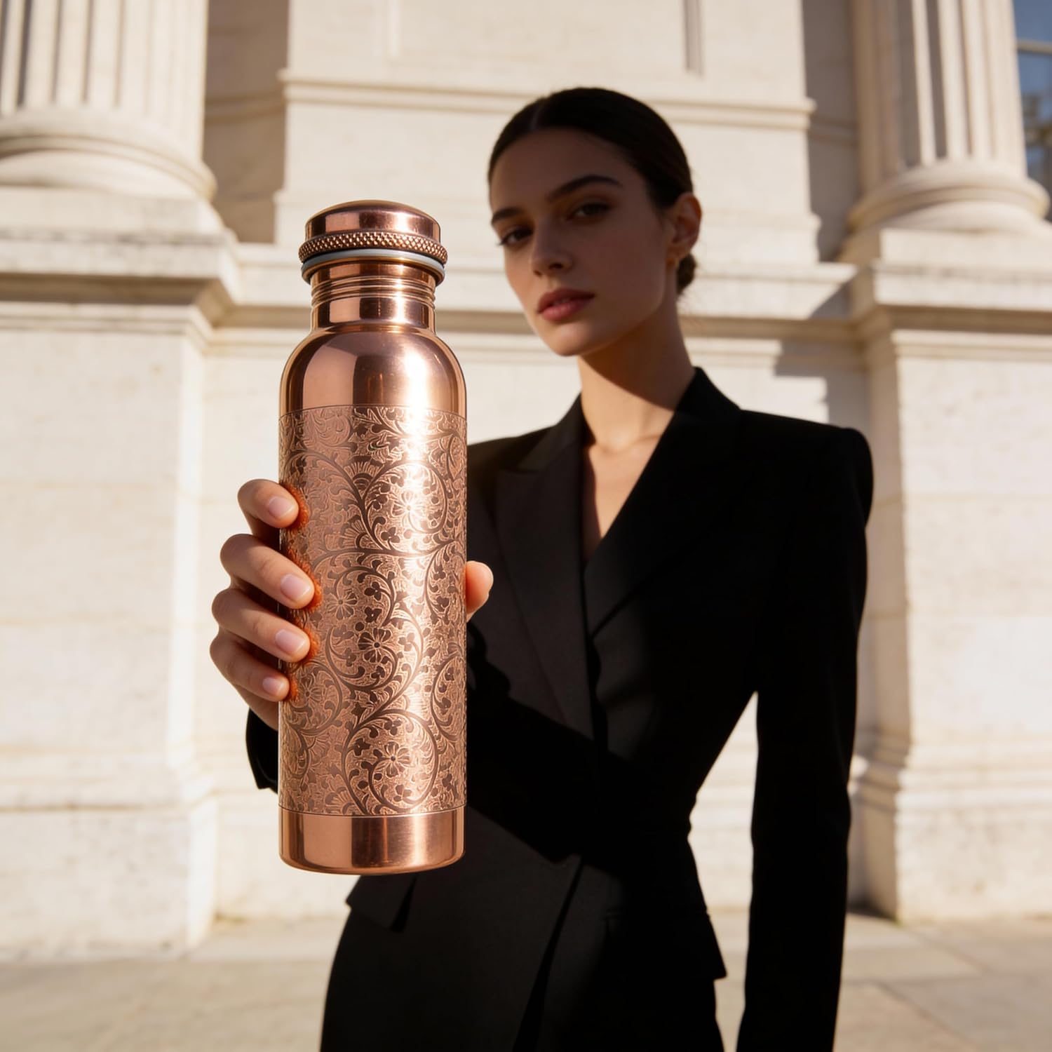 Pure Copper Water Drinking Bottle with Lid and Carry Bag 34oz/1000 ml Leak Proof Vessel Natural Flower Bottle for Ayurveda Health Benefits Office and Travel- Pack of 1