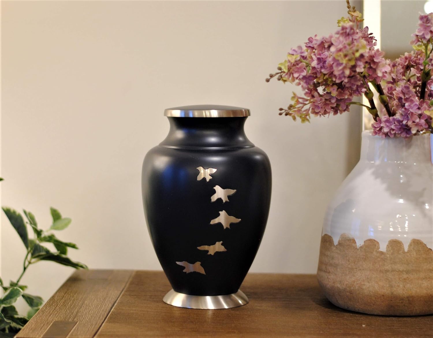 Midnight Blue Going Home Brass Cremation Urn for Adult | Handcrafted Memorial Classic Flying Dove Design with Intricate Pewter Engraving | Large Adult 10"