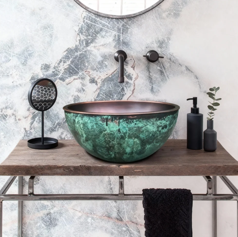 Handcrafted Copper Bowl Sink, Antique Green Patina, Rustic Hammered Vessel Basin for Bathroom & Kitchen