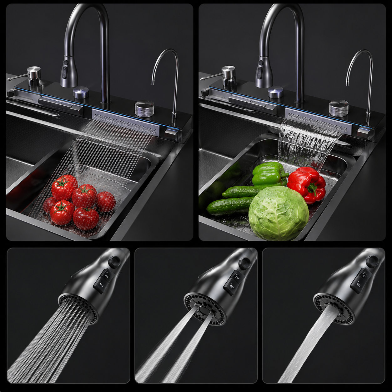 Smart Kitchen Sink Workstation 30 x 18 Inch, Stainless Steel Double Bowl Sink with Pull Out Faucet, Waterfall Faucet, Cup Washer, Digital Temperature Display, Cutting Board, Drain Basket, Black