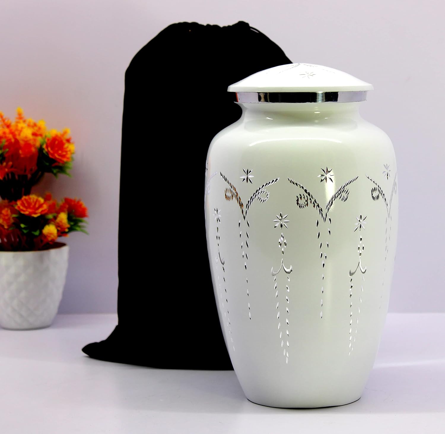 Metal Cremation Urn Memorial Jar Pot Container | Full Size Engraved Urn for Funeral Ashes Burial | Metal Urns | White - 10" Inches
