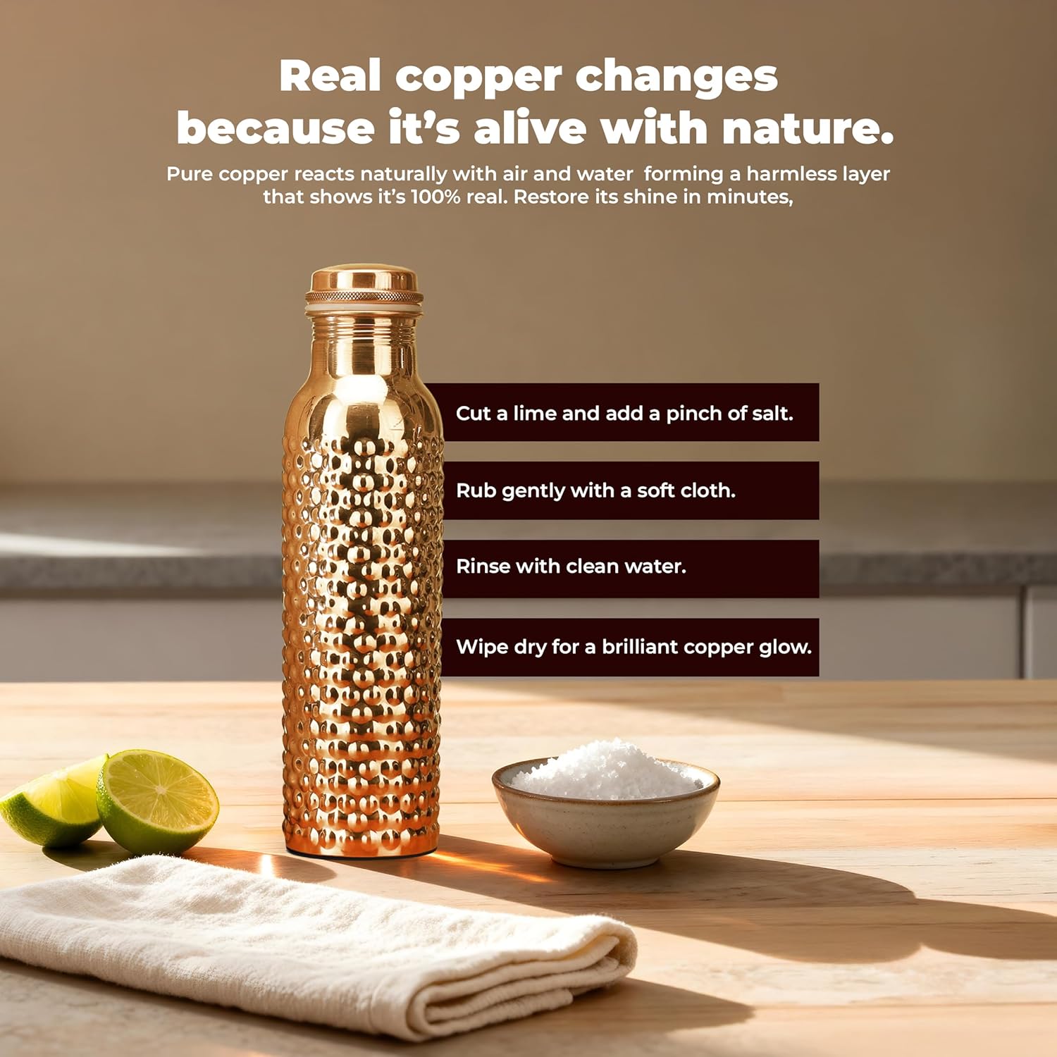 Pure Copper Water Drinking Bottle with Lid and Carry Bag 34oz/1000 ml Leak Proof Vessel Natural Hammered Bottle for Ayurveda Health Benefits Office and Travel- Pack of 1