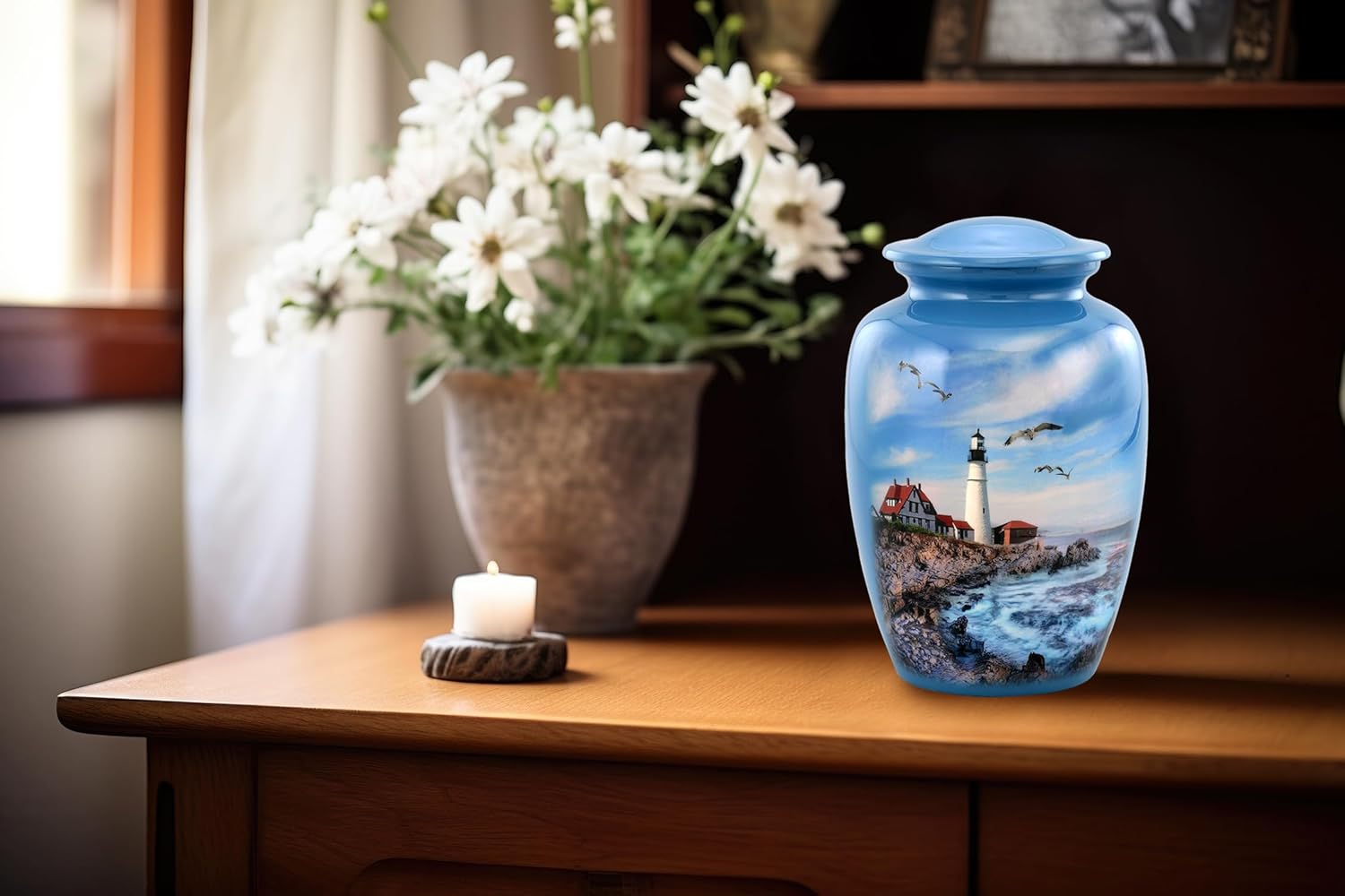 Lighthouse Urn - Full Size Portland Head Lighthouse Cremation Urn - Adult Urns for Men and Women - Ocean Blue Funeral and Memorial Urns for Human Ashes Upto 210 Lbs with Velvet Bag (Large)