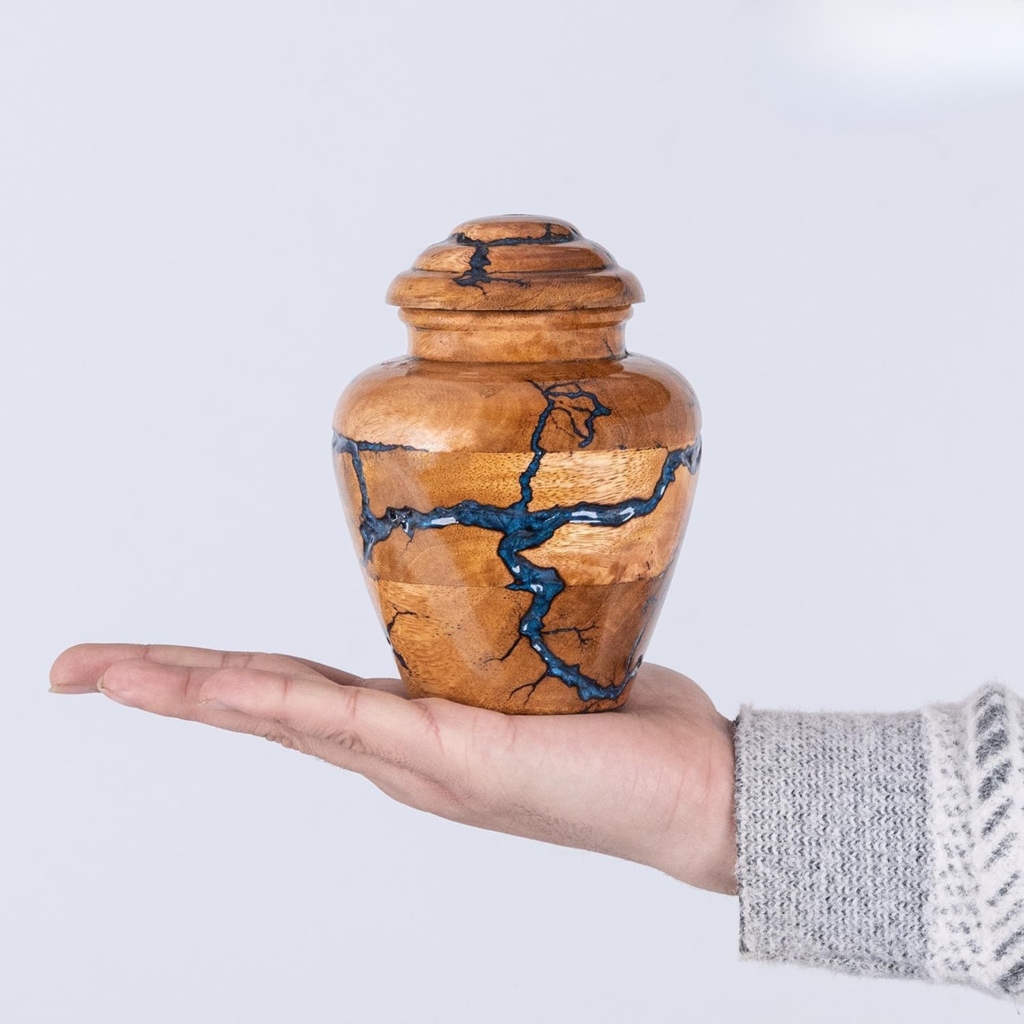 Wooden Cremation Urns for Human Ashes Adult Male 20 Cubic Inches - Urns for Ashes for Women & Men - Blue Urn for Ashes Adult Male - Decorative Urns - Burial and Funeral Urn - Blue, Small 20lbs