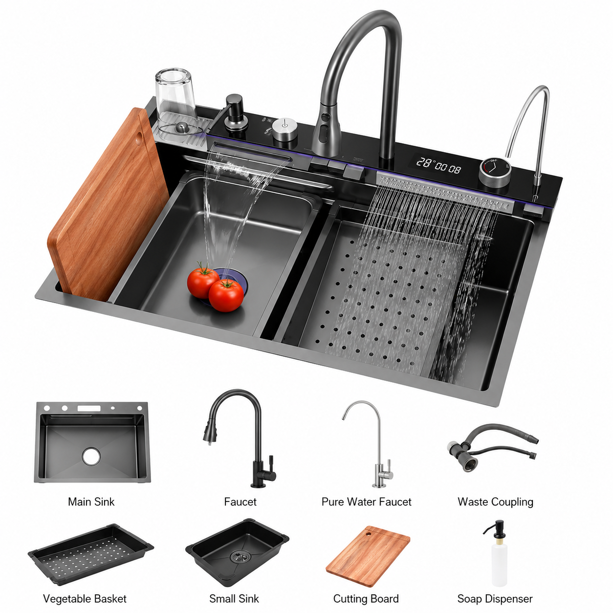 Smart Kitchen Sink Workstation 30 x 18 Inch, Stainless Steel Double Bowl Sink with Pull Out Faucet, Waterfall Faucet, Cup Washer, Digital Temperature Display, Cutting Board, Drain Basket, Black