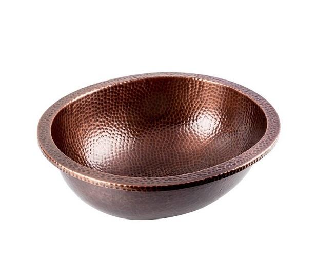 Handcrafted Copper Bathroom Sink, Hammered Finish Vessel Basin with Green Patina, Rustic Round Wash Bowl