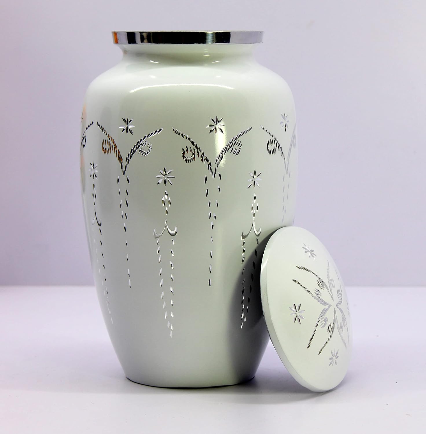 Metal Cremation Urn Memorial Jar Pot Container | Full Size Engraved Urn for Funeral Ashes Burial | Metal Urns | White - 10" Inches