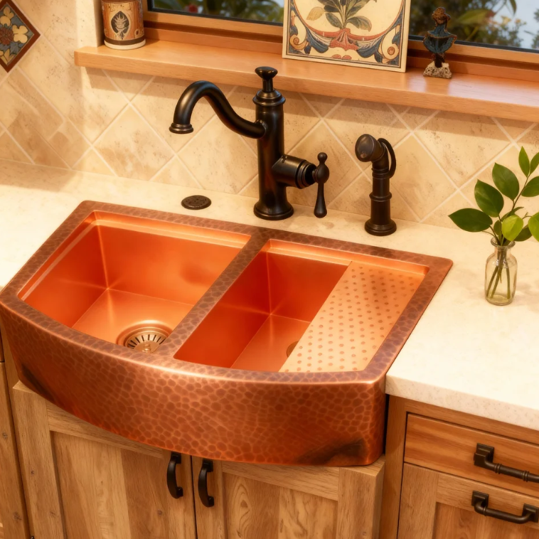 Antique Copper Vessel Sink Kit, Handmade Oval Bathroom Basin with Tall Faucet and Pop Up Drain, Rustic Vanity Bowl for Countertop Use