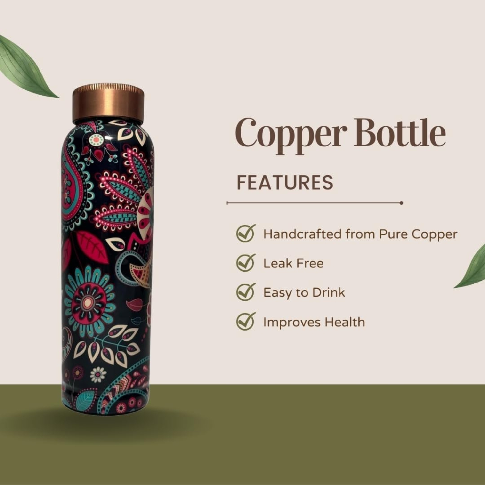 Printed Pure Copper Water Bottle 34 Oz – Leak-Proof 100% Ayurvedic Copper Vessel with Lid for Gym, Yoga, and Daily Hydration