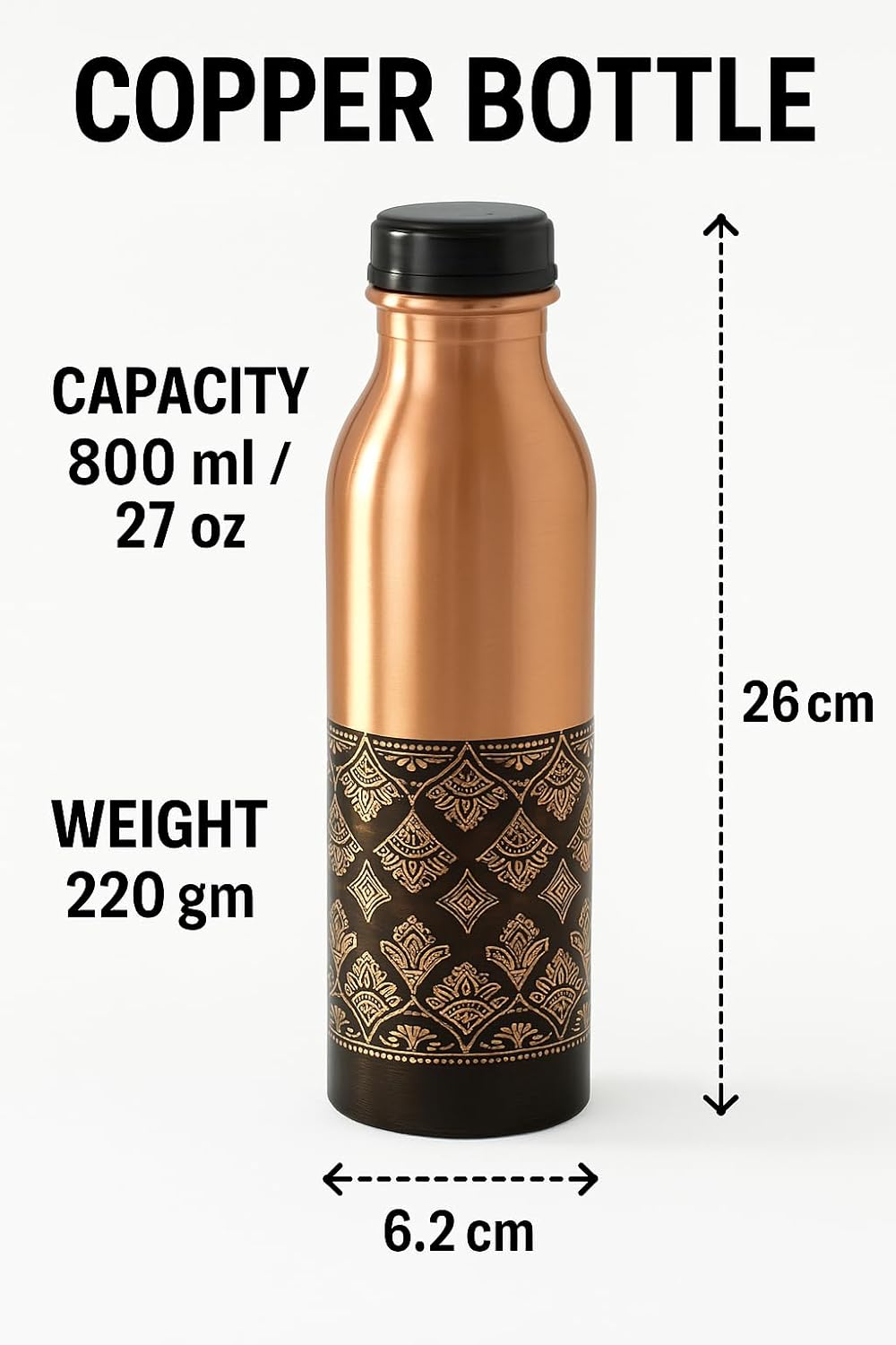 Pure Copper Water Bottle | Seamless Leakproof Water Bottle For Home, Office, Hotel, Travelling and Gifting | Drink More Water and Immediately Reap the Health - 25.3 Oz