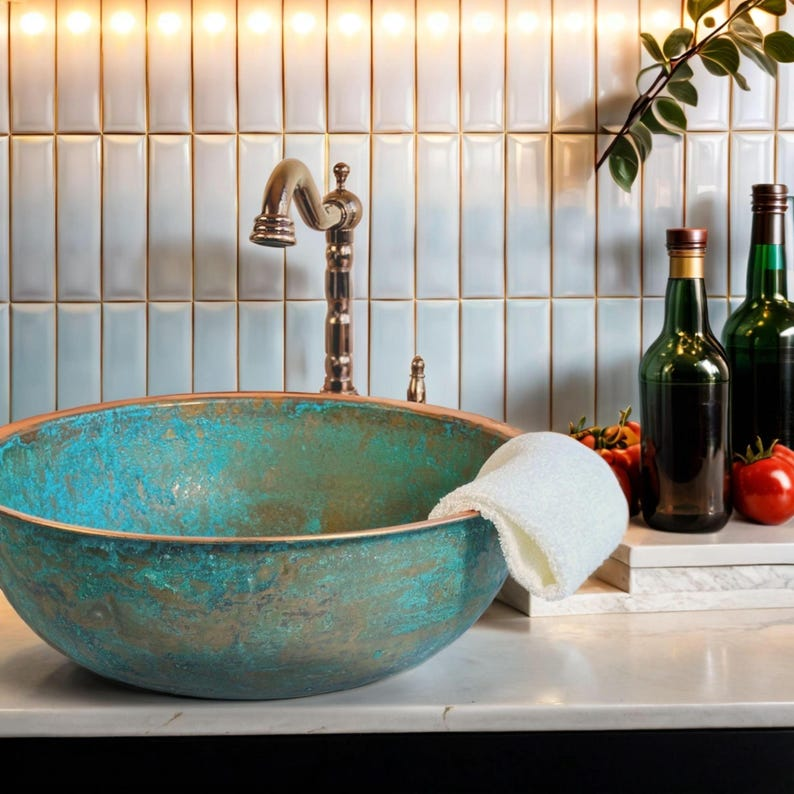 Handmade Hammered Copper Vessel Sink, Rustic Green Patina Finish Bathroom Basin, Round Wash Bowl for Modern Kitchen & Vanity