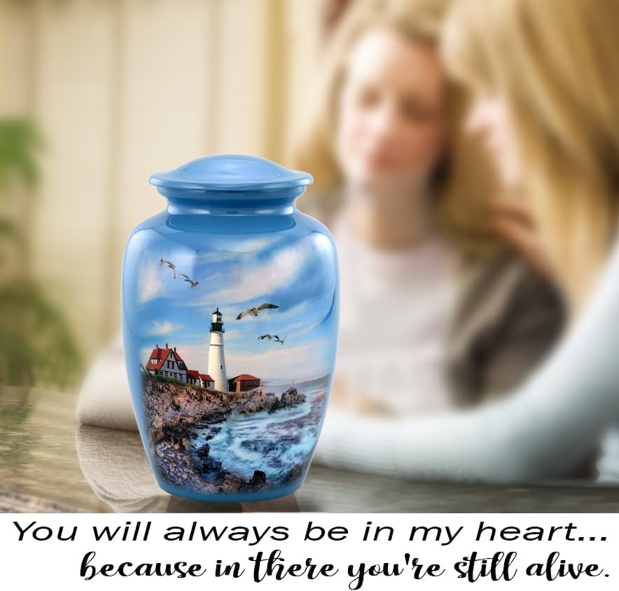 Lighthouse Urn - Full Size Portland Head Lighthouse Cremation Urn - Adult Urns for Men and Women - Ocean Blue Funeral and Memorial Urns for Human Ashes Upto 210 Lbs with Velvet Bag (Large)