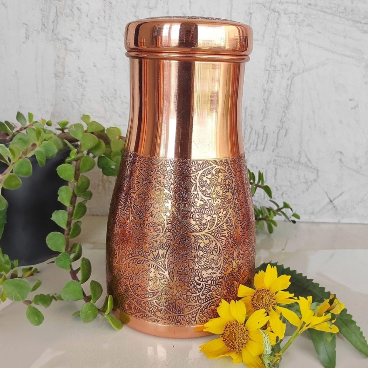 Pure Copper Bedside Carafe Set with Tumbler – 1 Liter (34 oz) Embossed Copper Water Jug | Ayurvedic Health Benefits, Copper Pitcher for Home, Yoga & Gifting