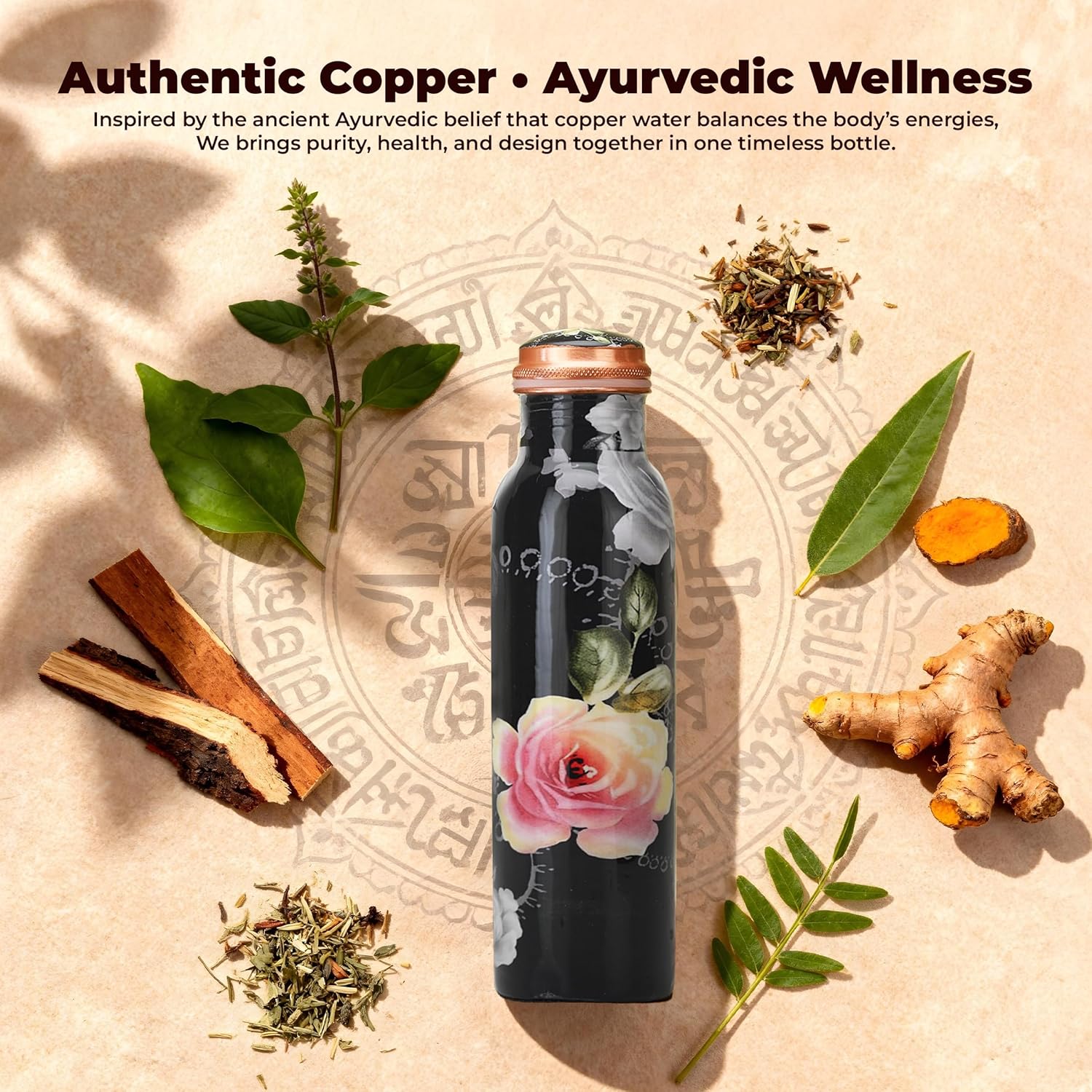 Pure Copper Water Drinking Bottle with Lid and Carry Bag 34oz/1000 ml Leak Proof Vessel Black Water Bottle for Ayurveda Health Sports and Yoga Gym- Pack of 1