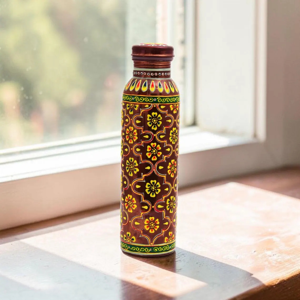 Hand Painted Pure Copper Water Bottle – Floral Ayurvedic Wellness Leakproof Yoga Flask