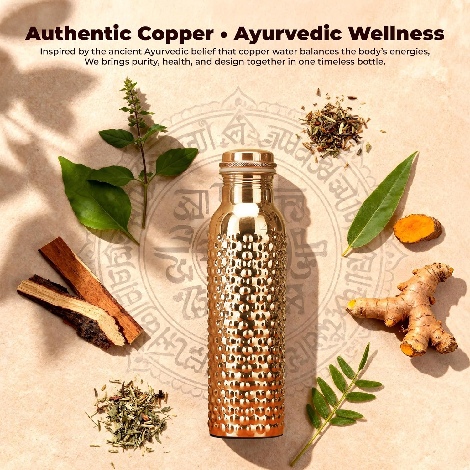 Pure Copper Water Drinking Bottle with Lid and Carry Bag 34oz/1000 ml Leak Proof Vessel Natural Hammered Bottle for Ayurveda Health Benefits Office and Travel- Pack of 1