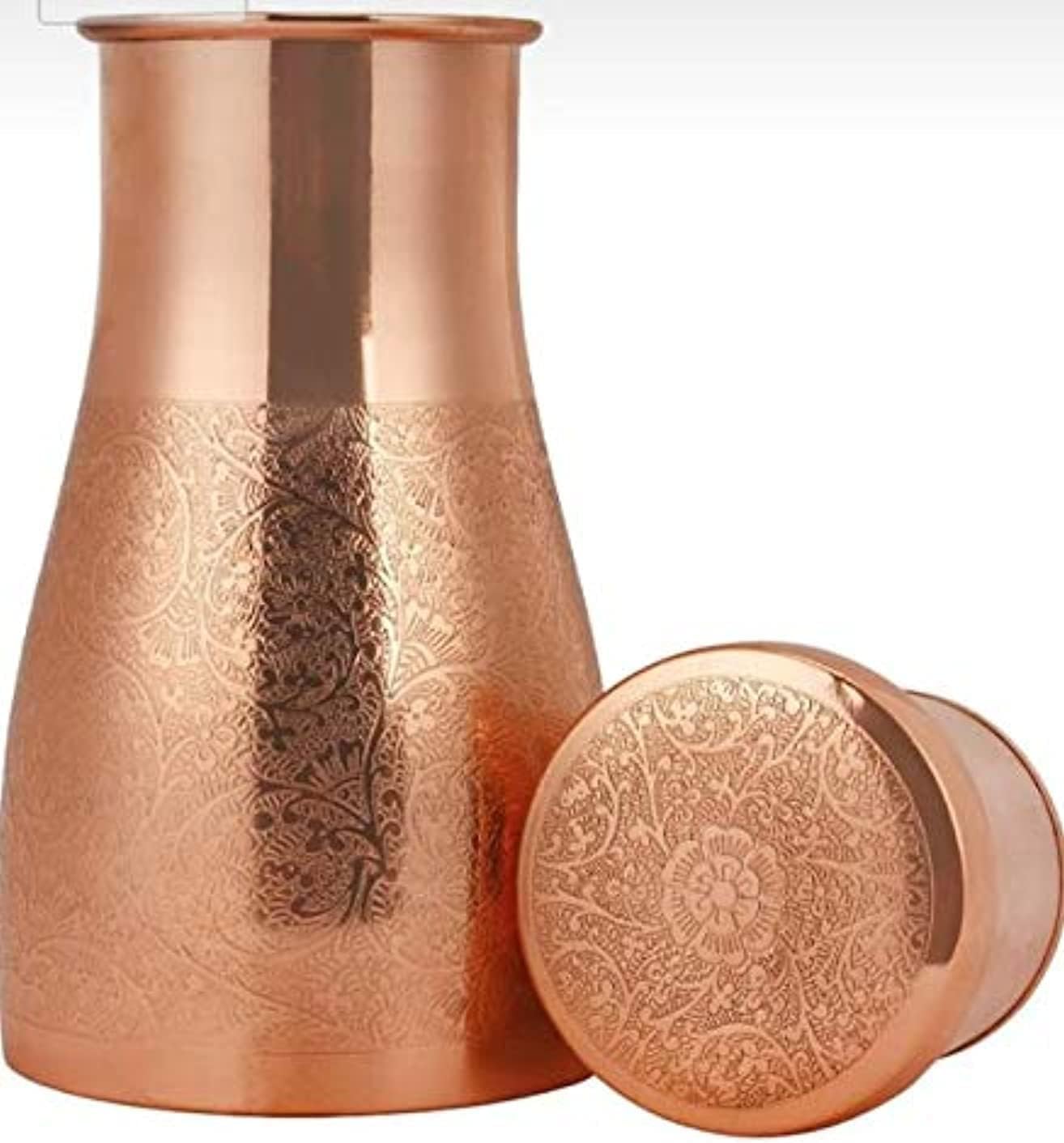 Pure Copper Bedside Carafe Set with Tumbler – 1 Liter (34 oz) Embossed Copper Water Jug | Ayurvedic Health Benefits, Copper Pitcher for Home, Yoga & Gifting