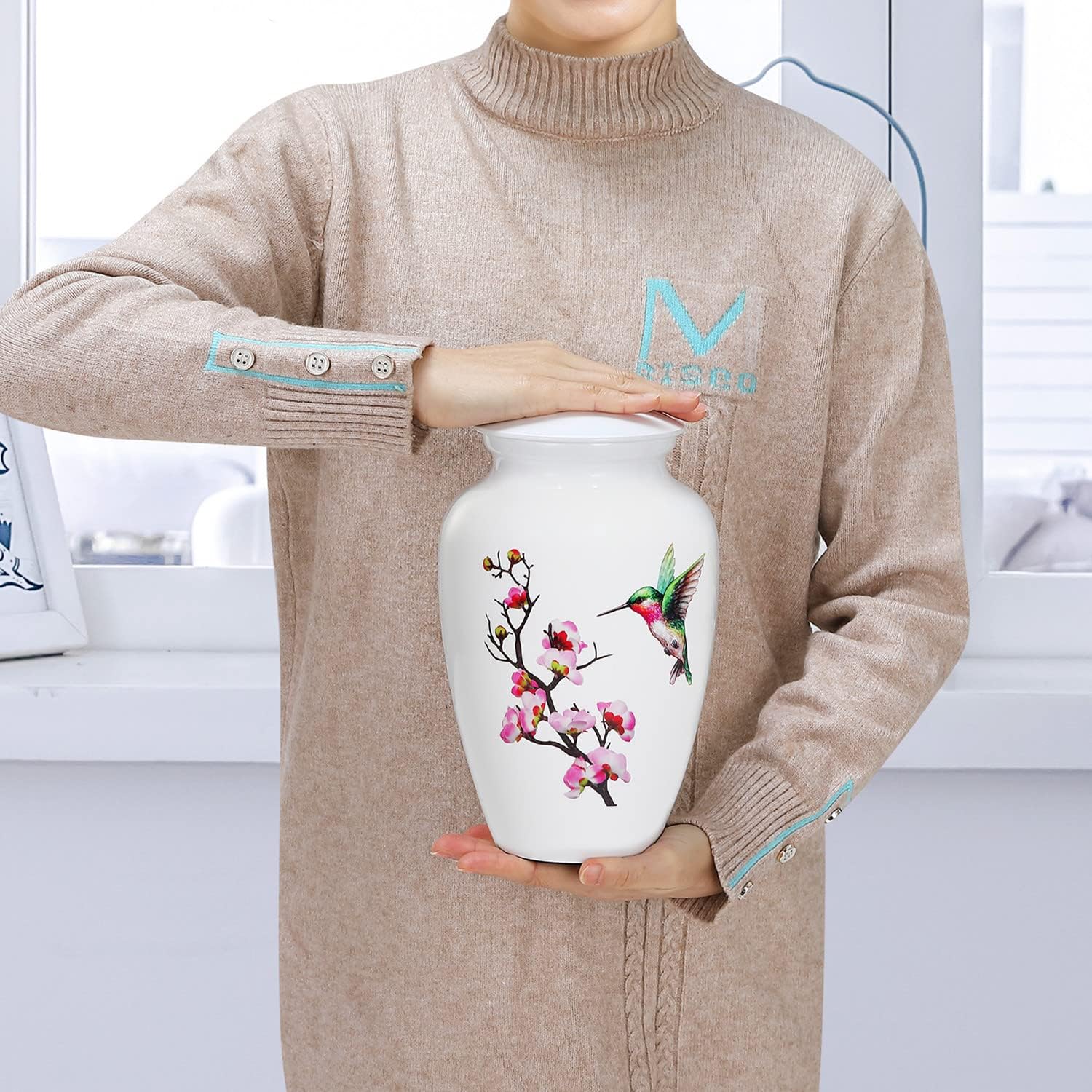 Hummingbird Cremation Urn for Adult Ashes - White Funeral Urn, Large Decorative With Velvet Bag, 200 Lbs Capacity, for Human Ashes Female and Male
