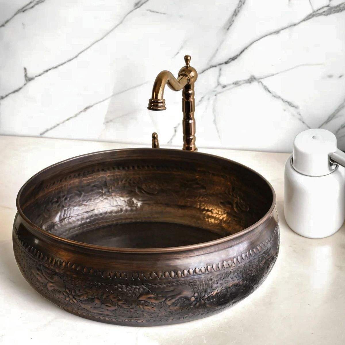Handcrafted Antique Copper Bathroom Vessel Sink – Round Hammered Copper Wash Basin for Rustic Farmhouse Vanity, Luxury Countertop Bathroom Sink Décor