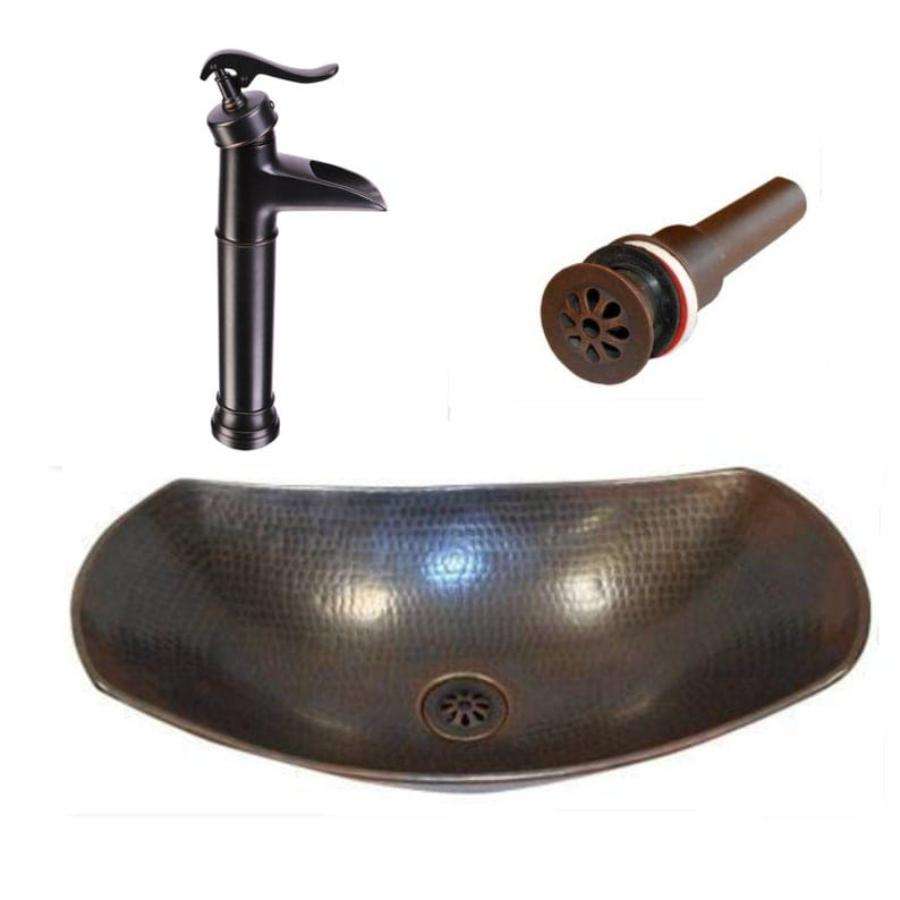 Hammered Copper Vessel Sink Set with Faucet and Drain, Handmade Rustic Bathroom Vanity Basin, Antique Finish Countertop Wash Bowl for Farmhouse Decor