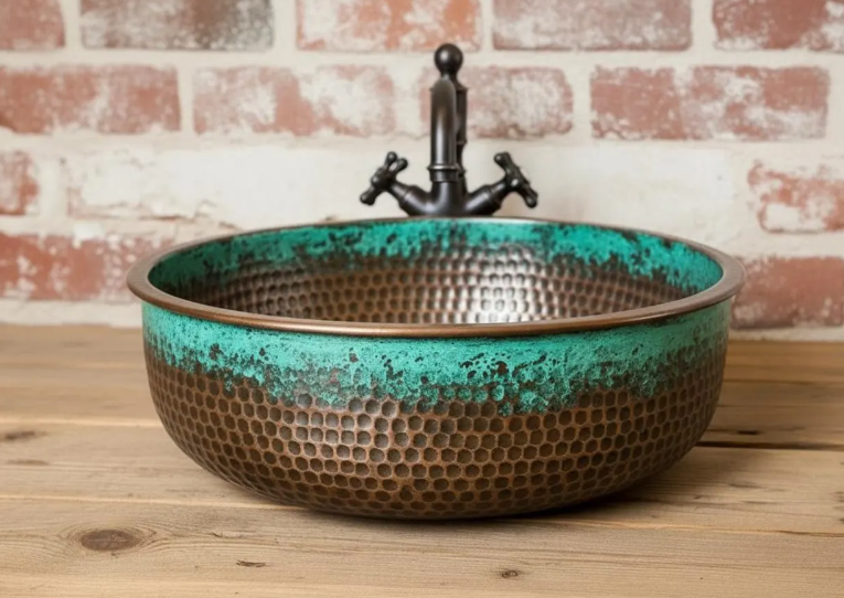 Complete Copper Bathroom Sink Combo Set, Handmade Hammered Vessel Basin with Faucet and Drain Assembly, Rustic Antique Vanity Bowl for Countertop Installation