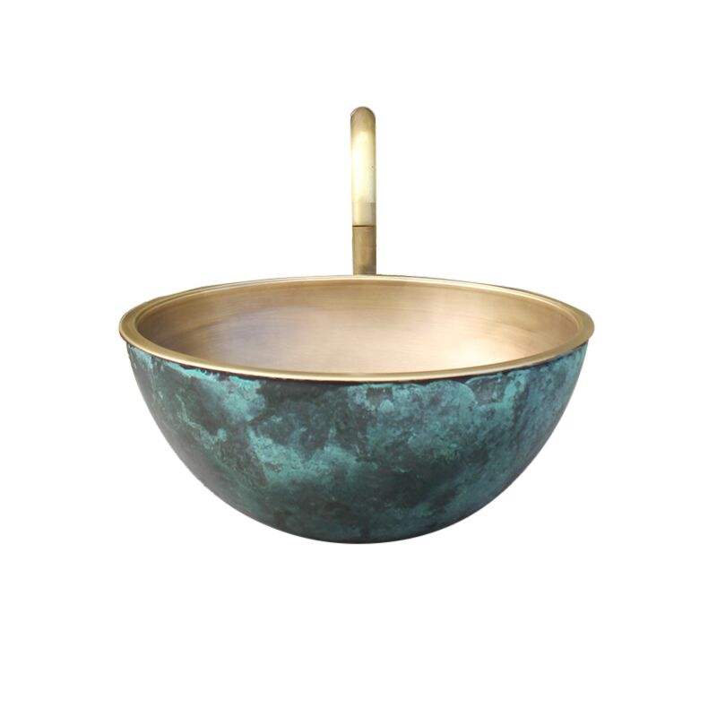 Handcrafted Copper Bowl Sink, Antique Green Patina, Rustic Hammered Vessel Basin for Bathroom & Kitchen