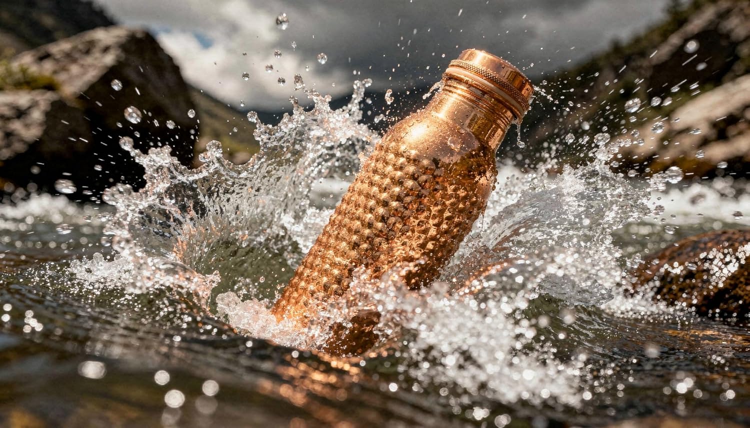 Pure Copper Water Drinking Bottle with Lid and Carry Bag 34oz/1000 ml Leak Proof Vessel Natural Hammered Bottle for Ayurveda Health Benefits Office and Travel- Pack of 1