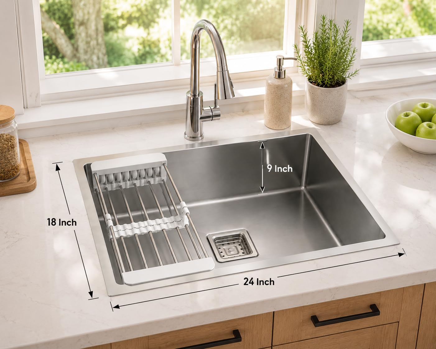 Handmade Stainless Steel Workstation Kitchen Sink, 24 x 18 Inch Deep Bowl Design with Multi-Function Drying Rack