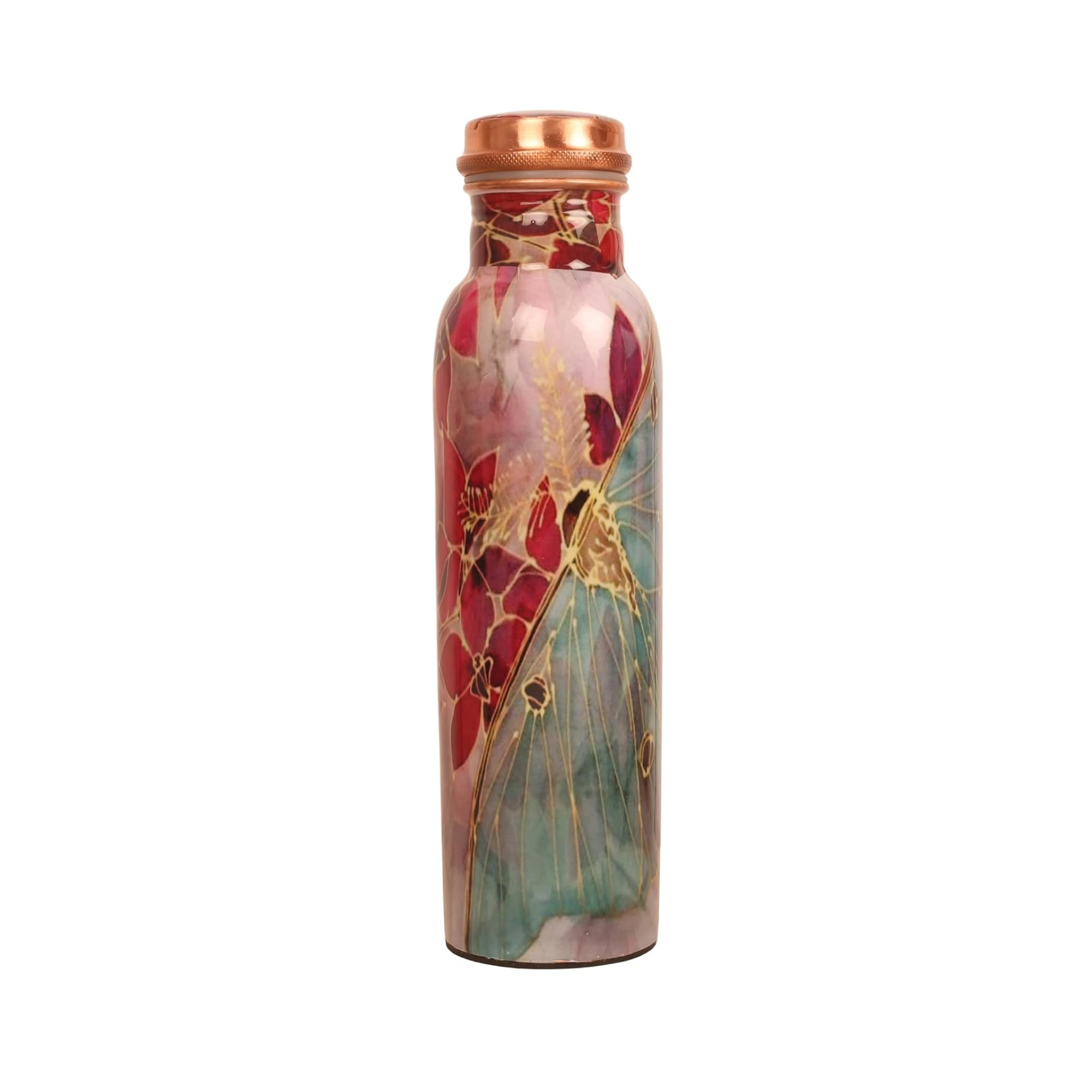 Pure Copper Water Bottle - Handcrafted - Ayurveda Health Benefits - Large 35 oz - Leak proof - Easy to carry for Sports, Fitness, Yoga, School - Textured Red Floral Patterns