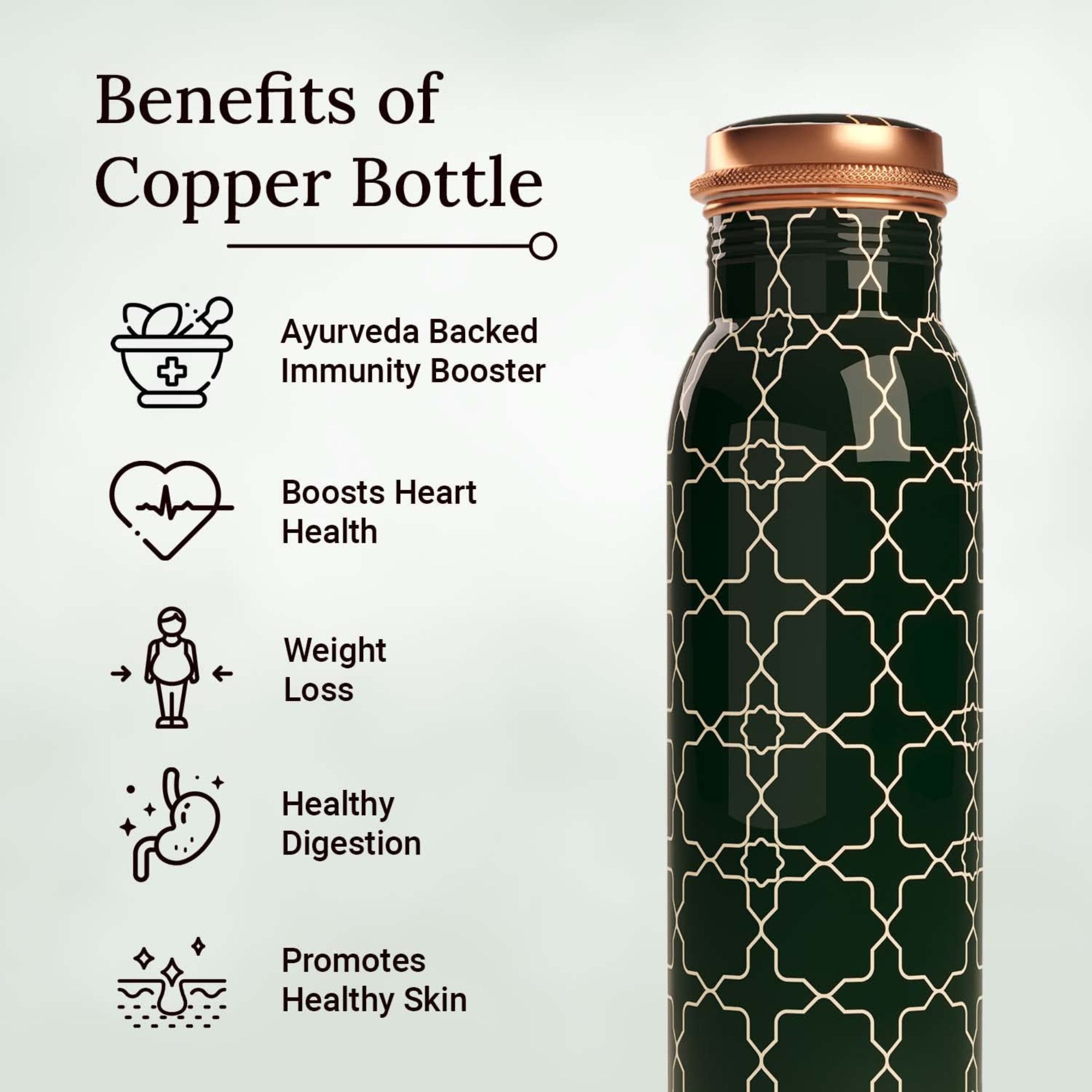 Pure Copper Water Bottle For Drinking with Arabic Green Printed Standard Design Gifts for Him and Her