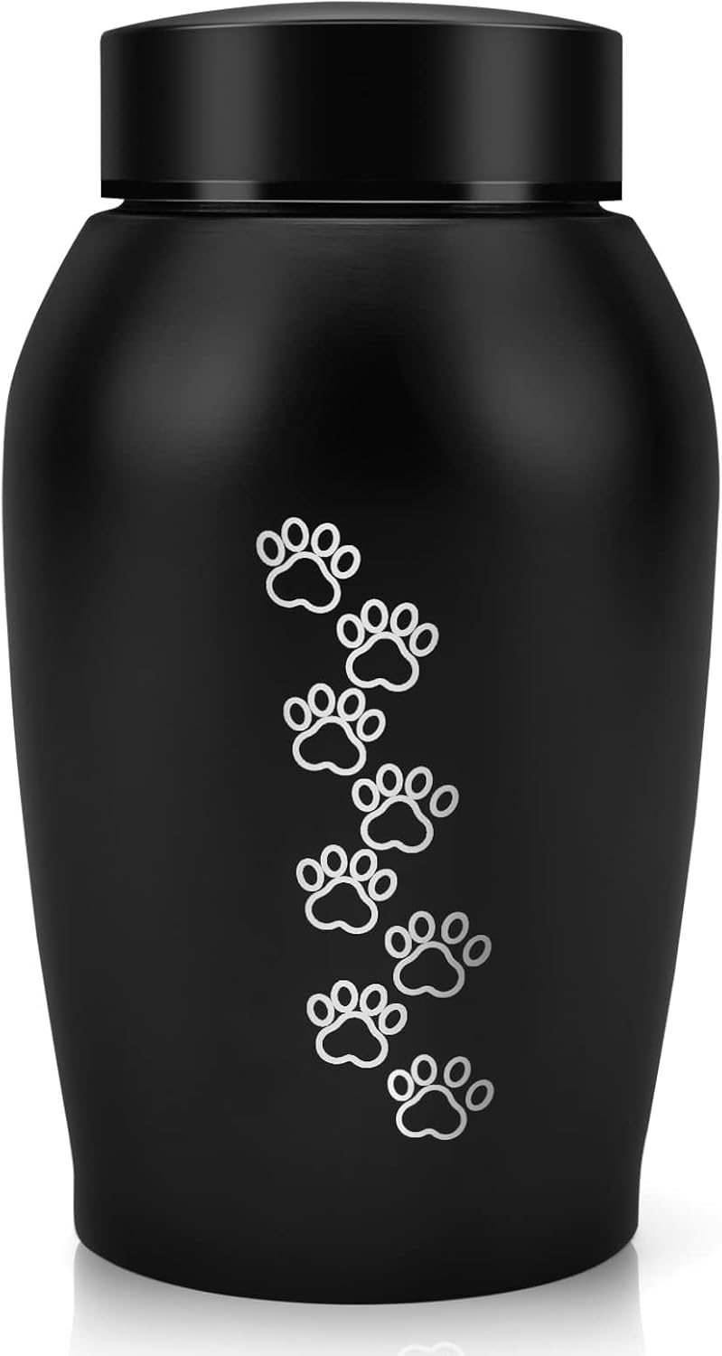 Large Pet Urn - Metal Paw Print Cremation Urn for Dogs and Cats, Black Stainless Steel Memorial Ashes Holder, Remembrance Gift