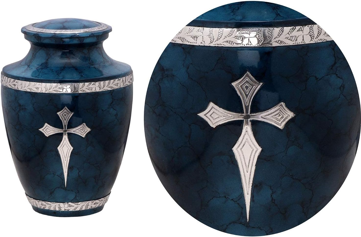 Cross Blue Cloud Decorative Cremation Urn for Adult Ashes – Human Memorial Urn for Men & Women, Burial & Funeral, 200 Cubic Inches with Satin Bag