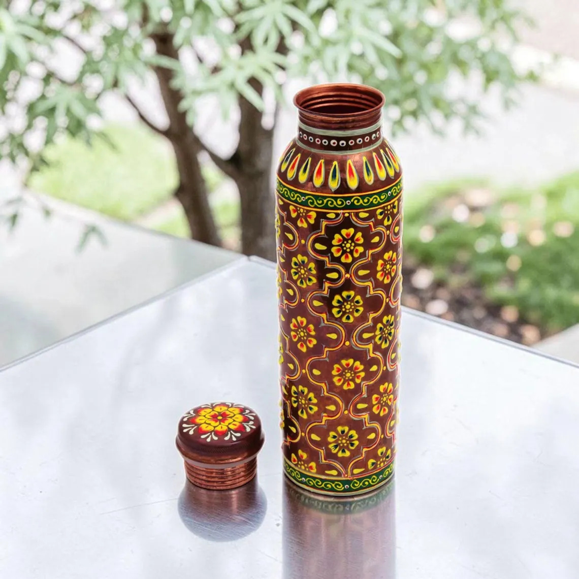Hand Painted Pure Copper Water Bottle – Floral Ayurvedic Wellness Leakproof Yoga Flask