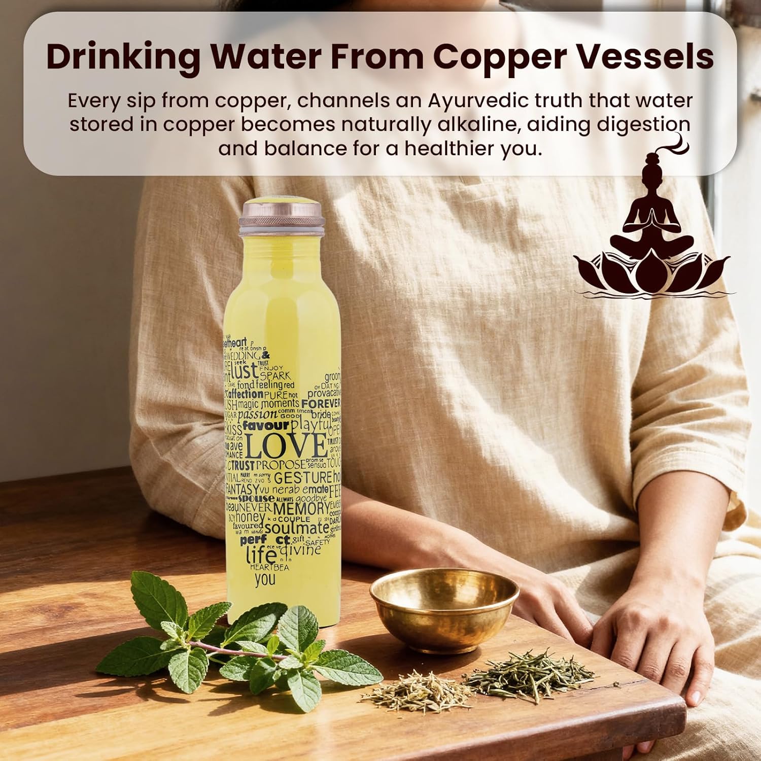 Craft Trade Printed Pure Copper Bottle with Lid and Carry Bag for Drinking Water BPA Free Leak Proof Boosts Immunity, Supports Digestive & Liver Health, Ayurveda Inspired 34oz - 1 Litre Yellow