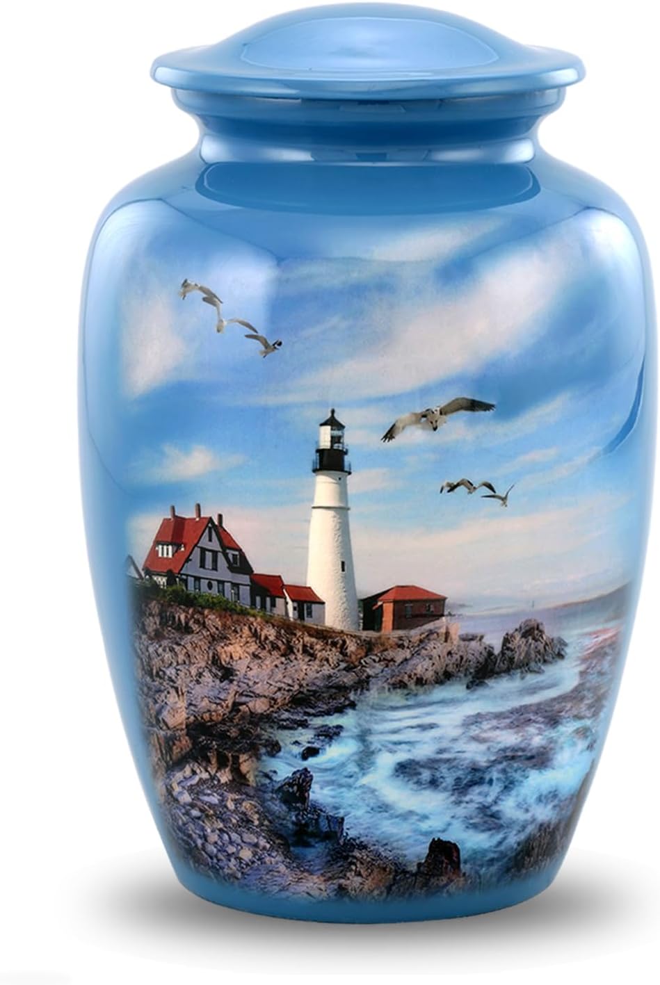 Lighthouse Urn - Full Size Portland Head Lighthouse Cremation Urn - Adult Urns for Men and Women - Ocean Blue Funeral and Memorial Urns for Human Ashes Upto 210 Lbs with Velvet Bag (Large)