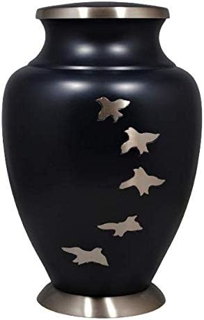 Midnight Blue Going Home Brass Cremation Urn for Adult | Handcrafted Memorial Classic Flying Dove Design with Intricate Pewter Engraving | Large Adult 10"