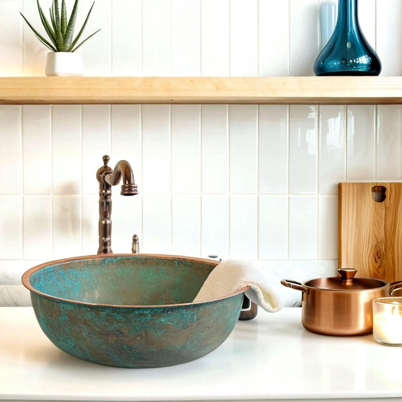 Handmade Hammered Copper Vessel Sink, Rustic Green Patina Finish Bathroom Basin, Round Wash Bowl for Modern Kitchen & Vanity