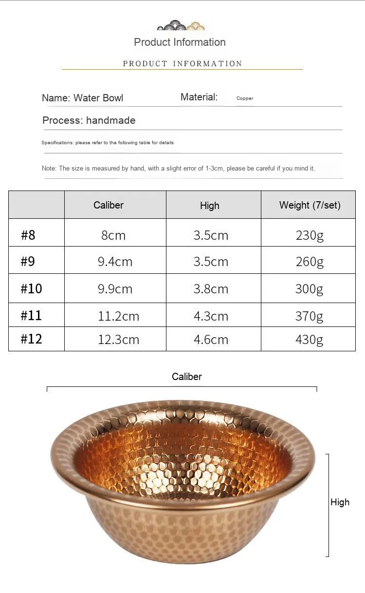 Hammered Copper Bowl Set, Handmade Decorative Serving Bowls, Rustic Round Metal Bowls for Dry Fruits Snacks and Kitchen Use, Set of 7