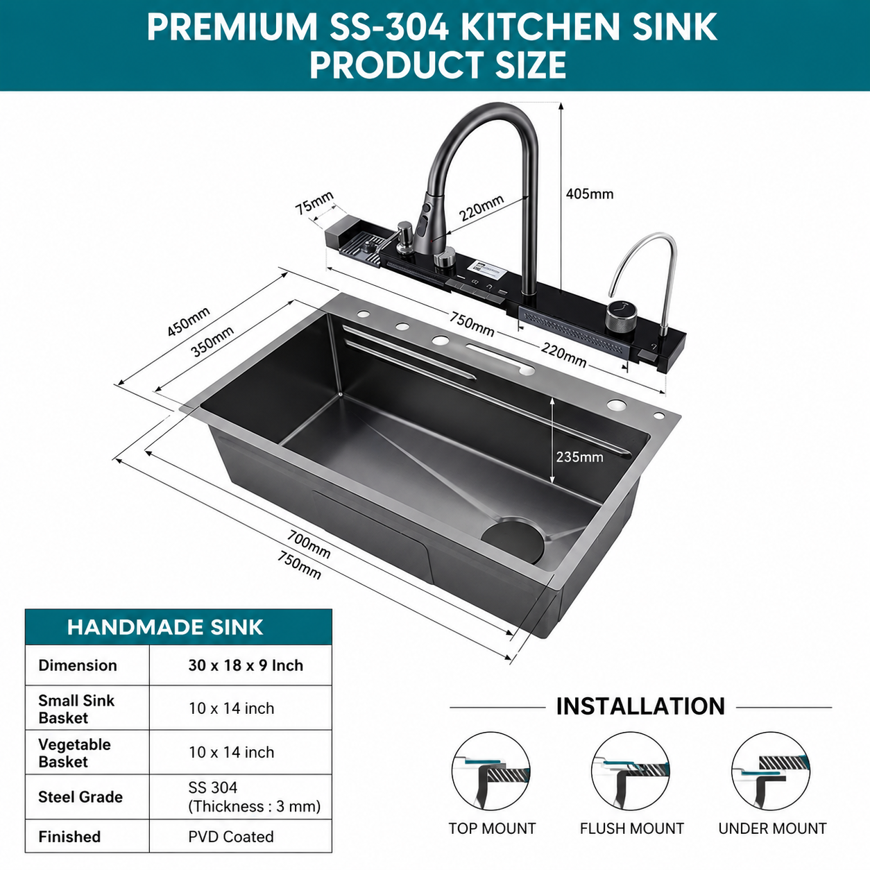 Smart Kitchen Sink Workstation 30 x 18 Inch, Stainless Steel Double Bowl Sink with Pull Out Faucet, Waterfall Faucet, Cup Washer, Digital Temperature Display, Cutting Board, Drain Basket, Black