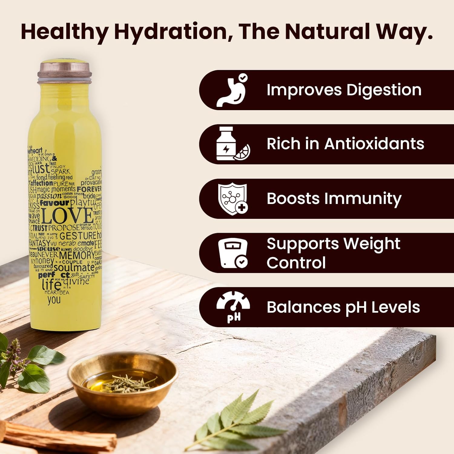 Craft Trade Printed Pure Copper Bottle with Lid and Carry Bag for Drinking Water BPA Free Leak Proof Boosts Immunity, Supports Digestive & Liver Health, Ayurveda Inspired 34oz - 1 Litre Yellow