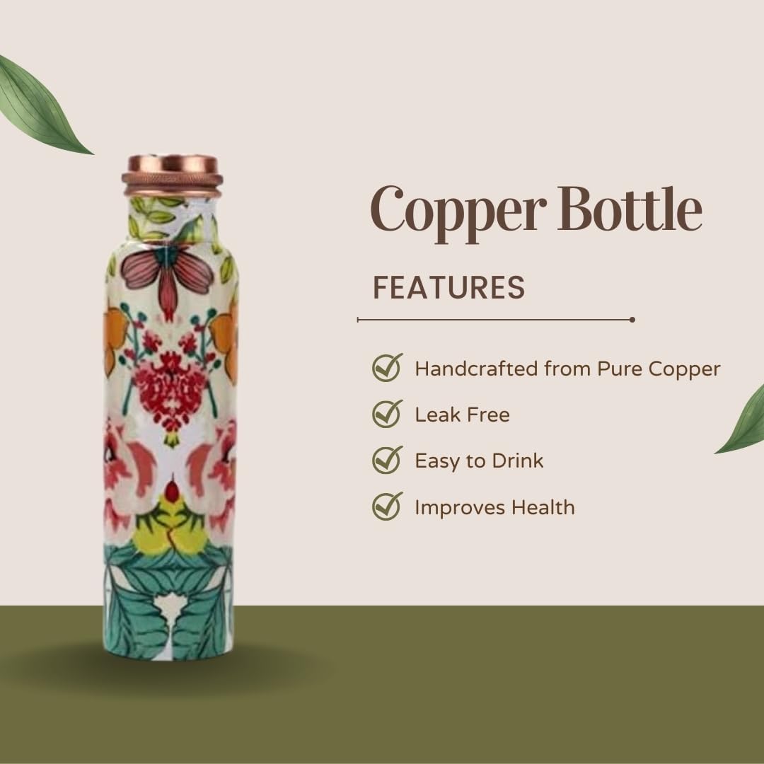 Pure Copper Water Bottle 34 Oz Leak Proof 100% Pure - Ayurvedic Copper Vessel - Drink More Water And Enjoy The Health Benefits Immediately - For Gym, Yoga Bottle (Printed 2)
