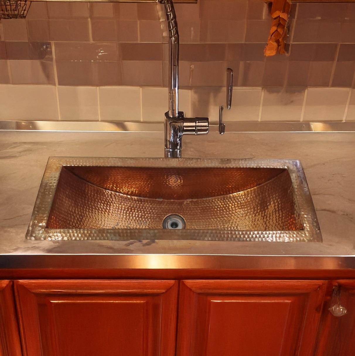 Handmade Hammered Copper Kitchen Sink, Rectangular Farmhouse Basin with Rustic Finish, Deep Single Bowl Undermount Sink for Modern Kitchen Use