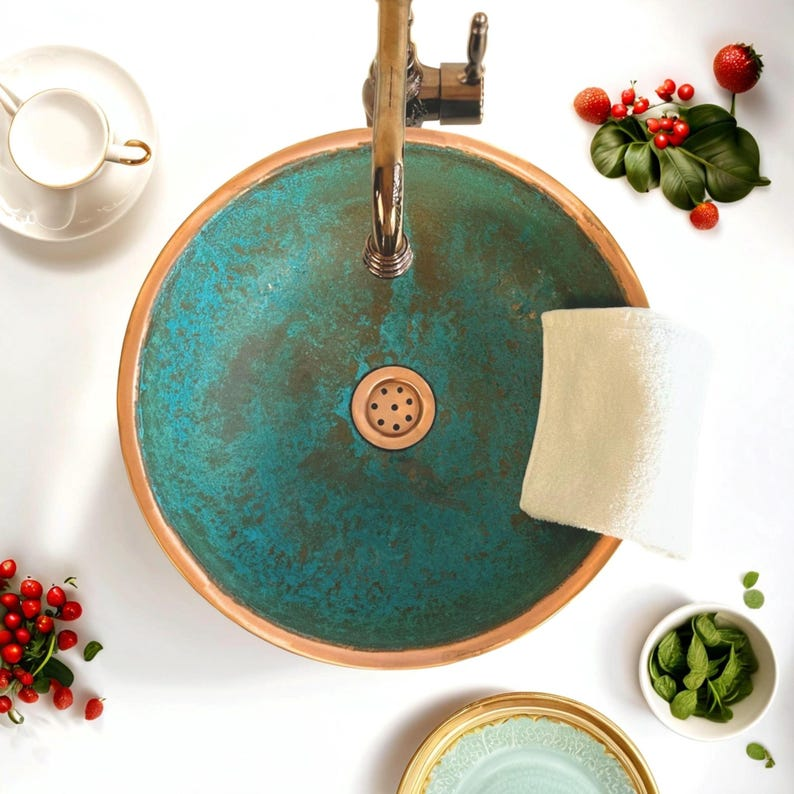 Handmade Hammered Copper Vessel Sink, Rustic Green Patina Finish Bathroom Basin, Round Wash Bowl for Modern Kitchen & Vanity