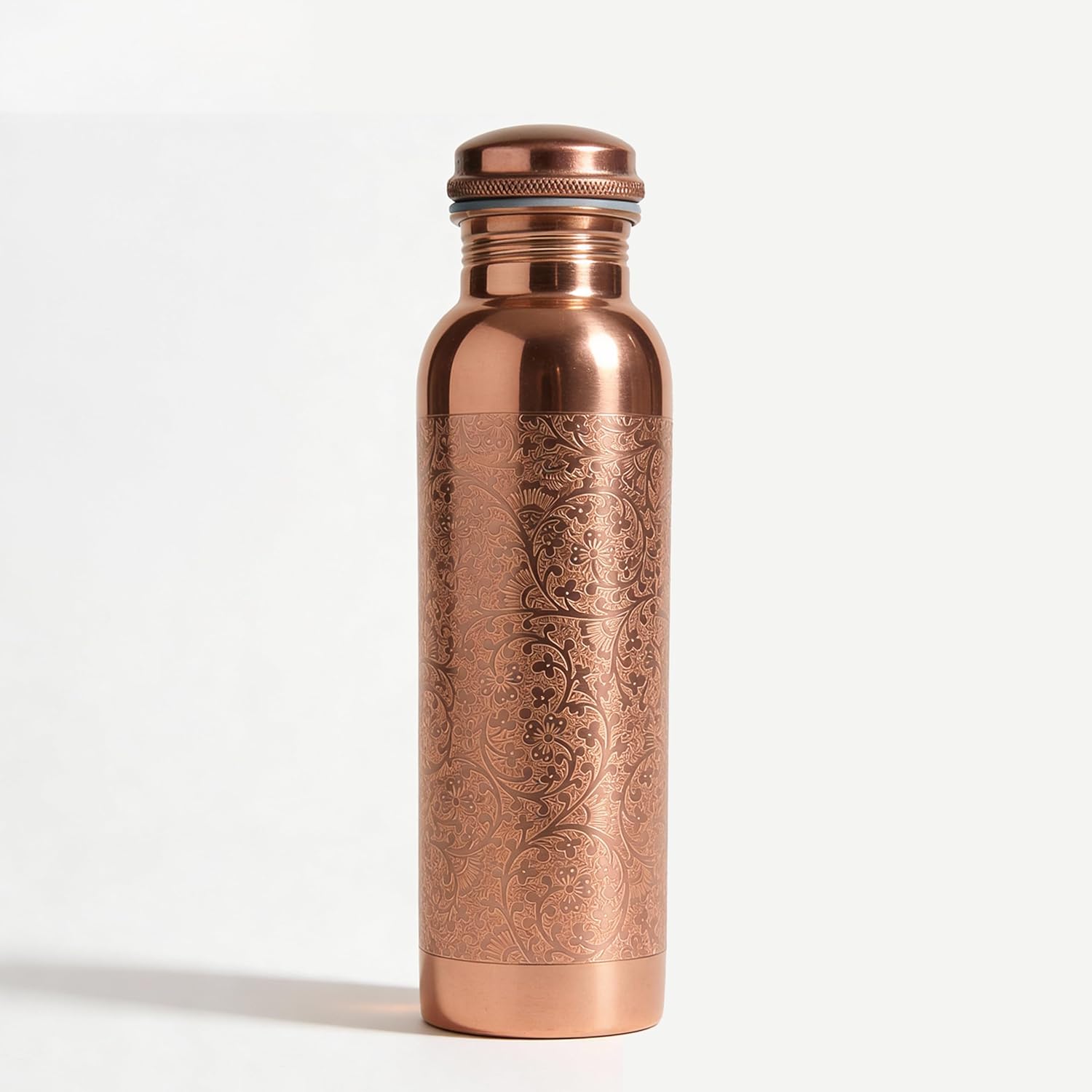 Pure Copper Water Drinking Bottle with Lid and Carry Bag 34oz/1000 ml Leak Proof Vessel Natural Flower Bottle for Ayurveda Health Benefits Office and Travel- Pack of 1