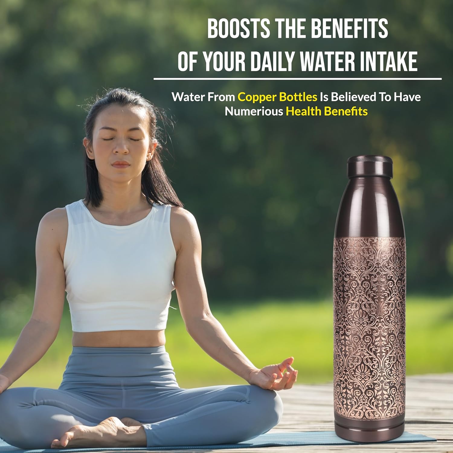 Pure Copper Water Bottle – Ayurvedic Health Benefits | Handcrafted Leak-Proof Copper Vessel for Fitness, Yoga, and Daily Use | Eco-Friendly with Certificate of Purity