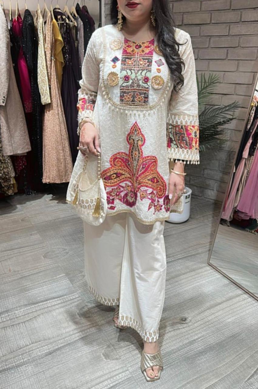 Embroidered White Kurti with Trouser Set