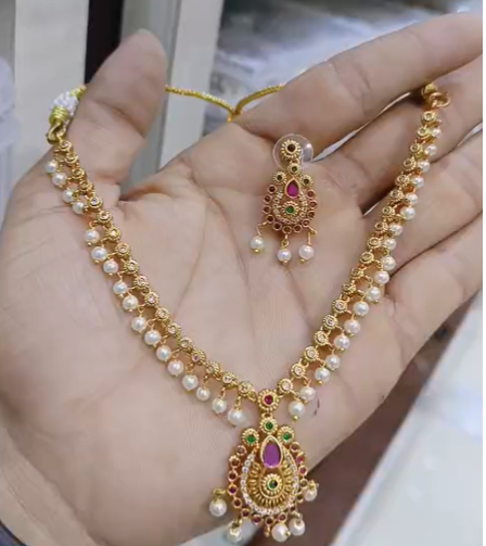  Pearl Drop Stone Necklace with Matching Earrings – Traditional Gold Finish