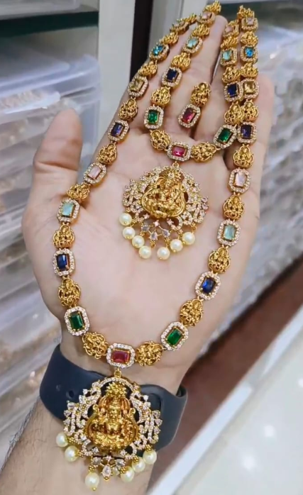  Multi-Stone Lakshmi Temple Long Haram with Pendant